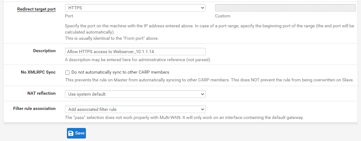 Port forwarding rule configuration for HTTPS(8443) on pfSense-2