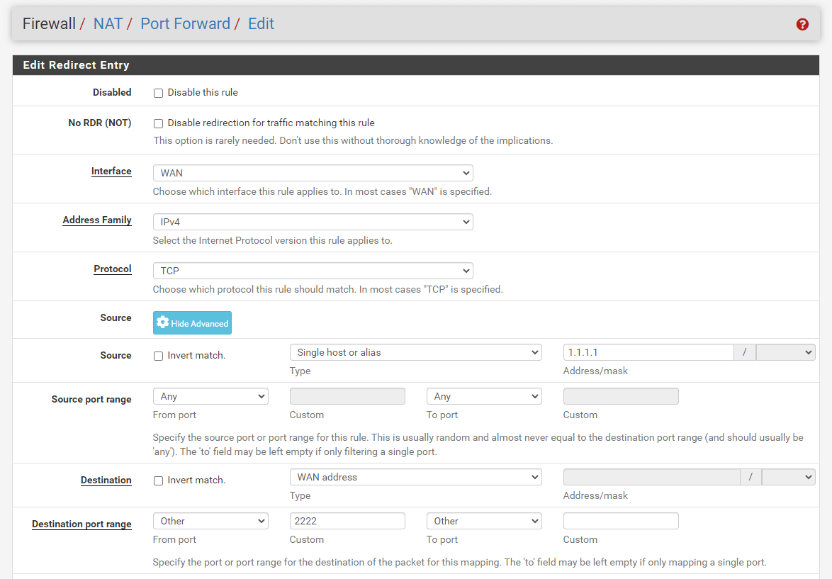 Port forwarding rule configuration for SSH(2222) on pfSense-1