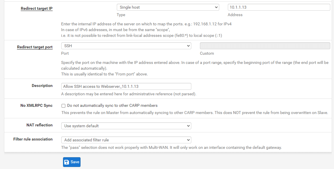Port forwarding rule configuration for SSH(2222) on pfSense-2