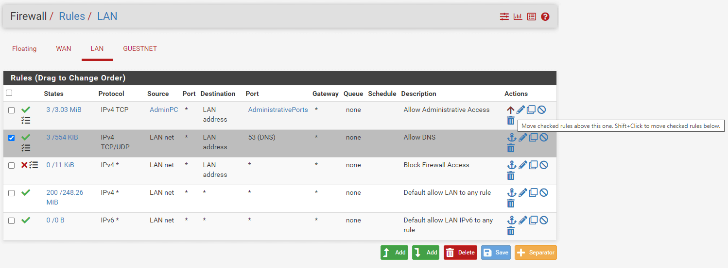 Reordering firewall rule with select-and-click on pfSense firewall