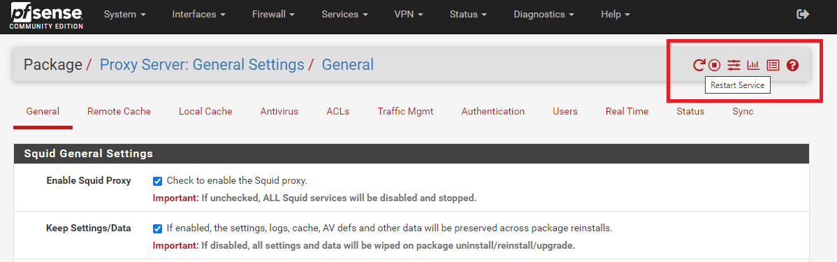Managing Service Status on Squid Proxy Server settings page