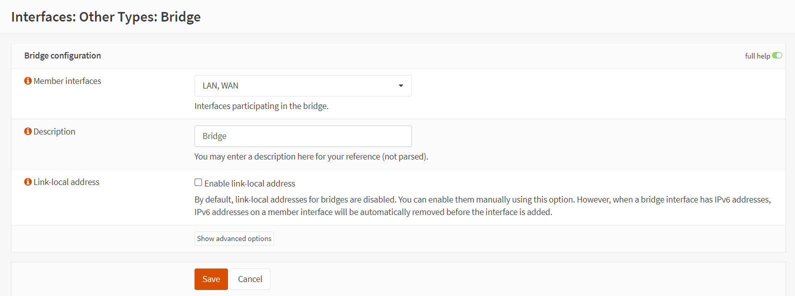 Saving new bridge interface settings
