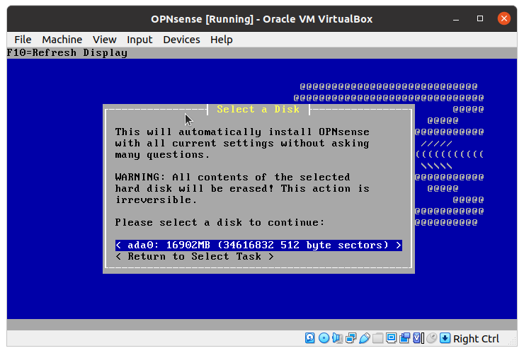 Select disk for OPNsense installation