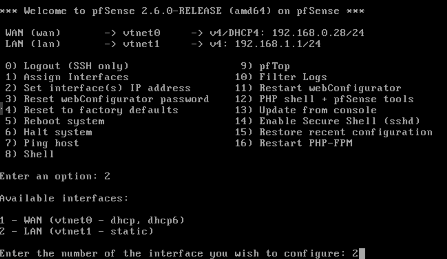 Selecting LAN interface to configure on pfSense CLI