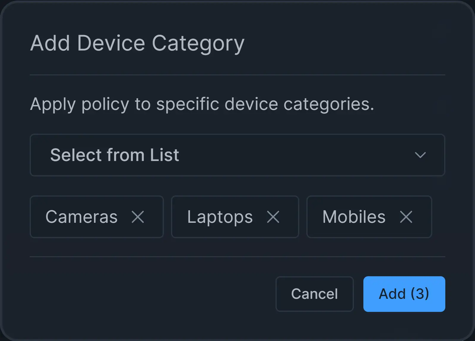 Selecting device categories to add