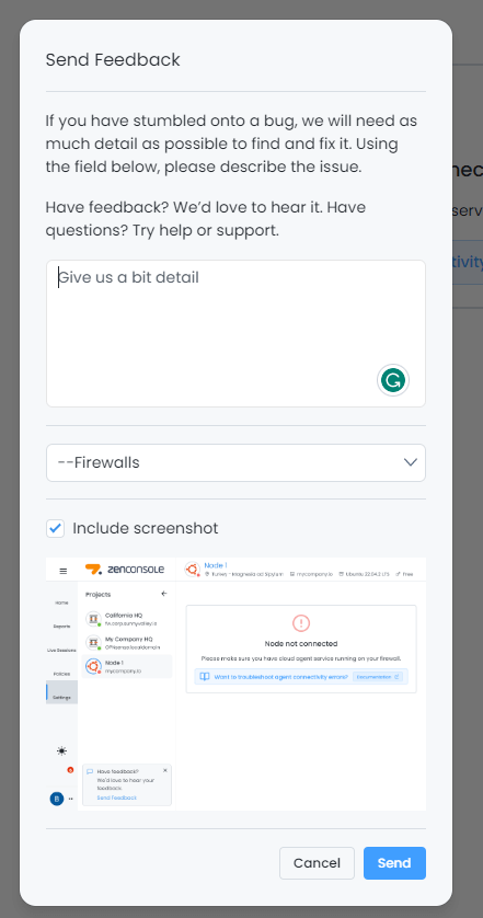 Send Feedback Window on Zenconsole