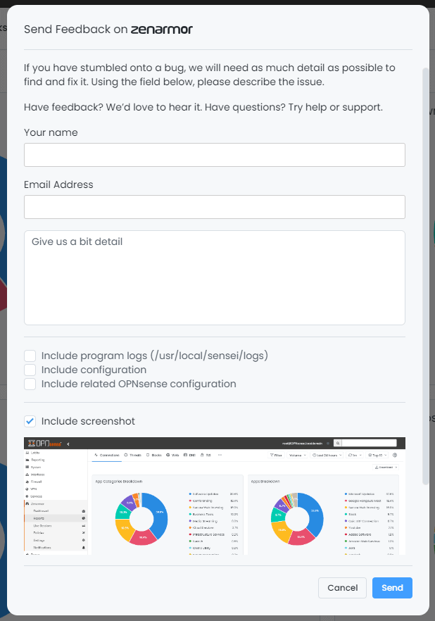 Send Feedback Window on Zenconsole