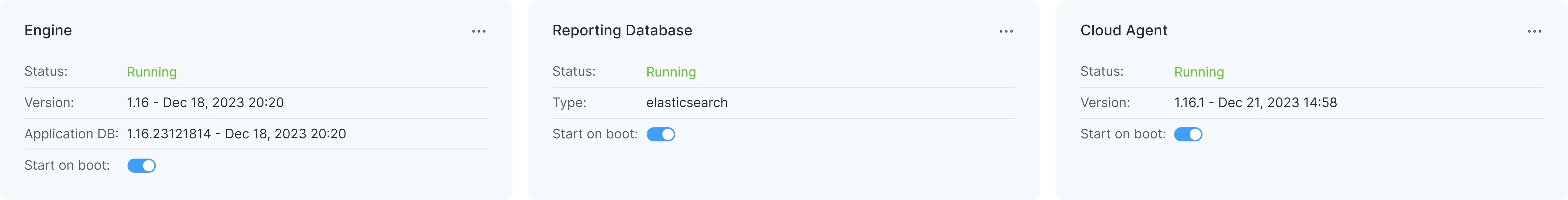 Services Status(Engine, Reporting DB, Cloud Agent)