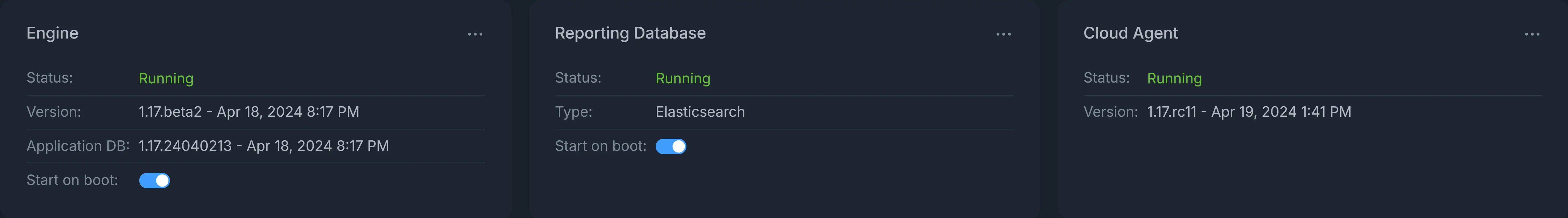 Services Status(Engine, Reporting DB, Cloud Agent)