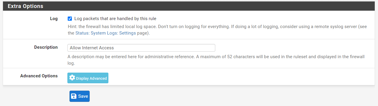 Setting Extra Options for Firewall Rule to Allow Internet access from GuestNet