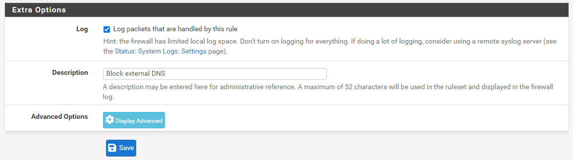 Setting Extra Options for Firewall Rule to Block external DNS