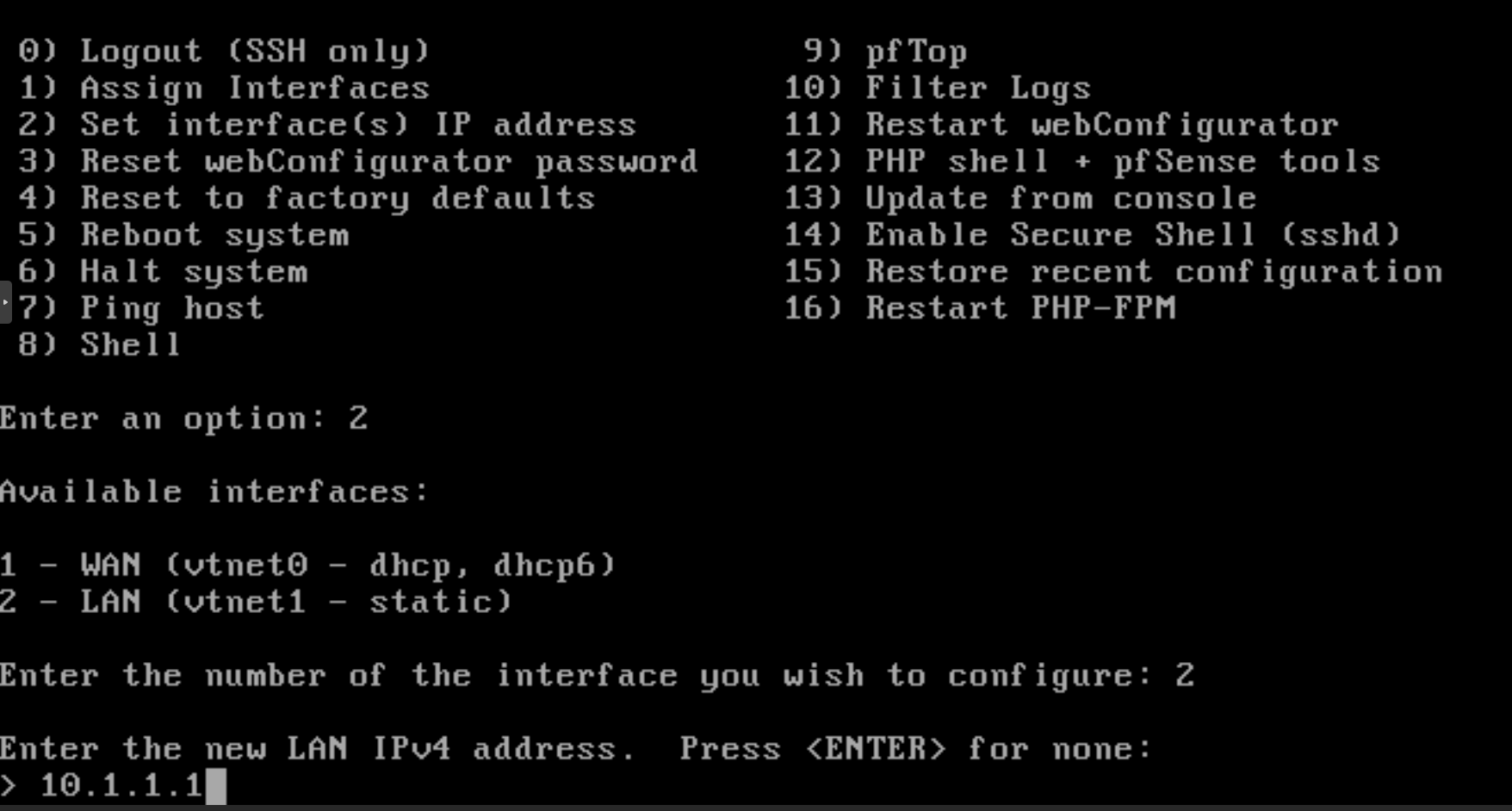 Setting IP address for LAN interface on pfSense CLI