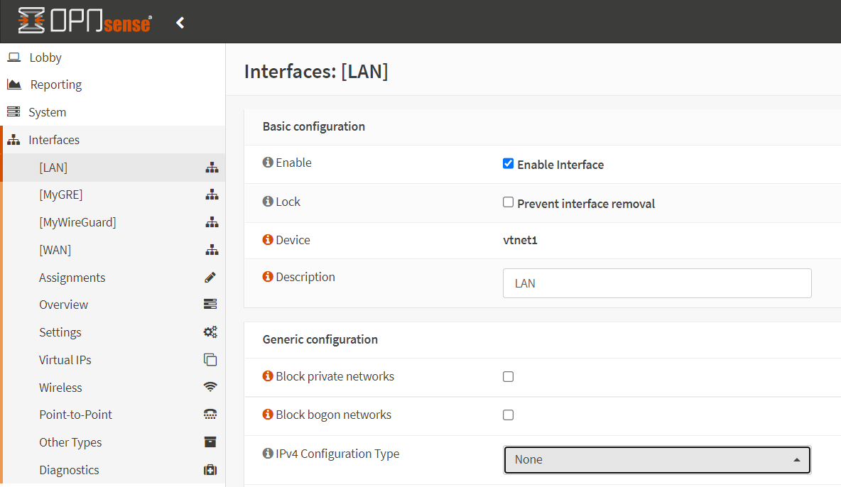 Setting IPv4 Configuration Type to None for LAN