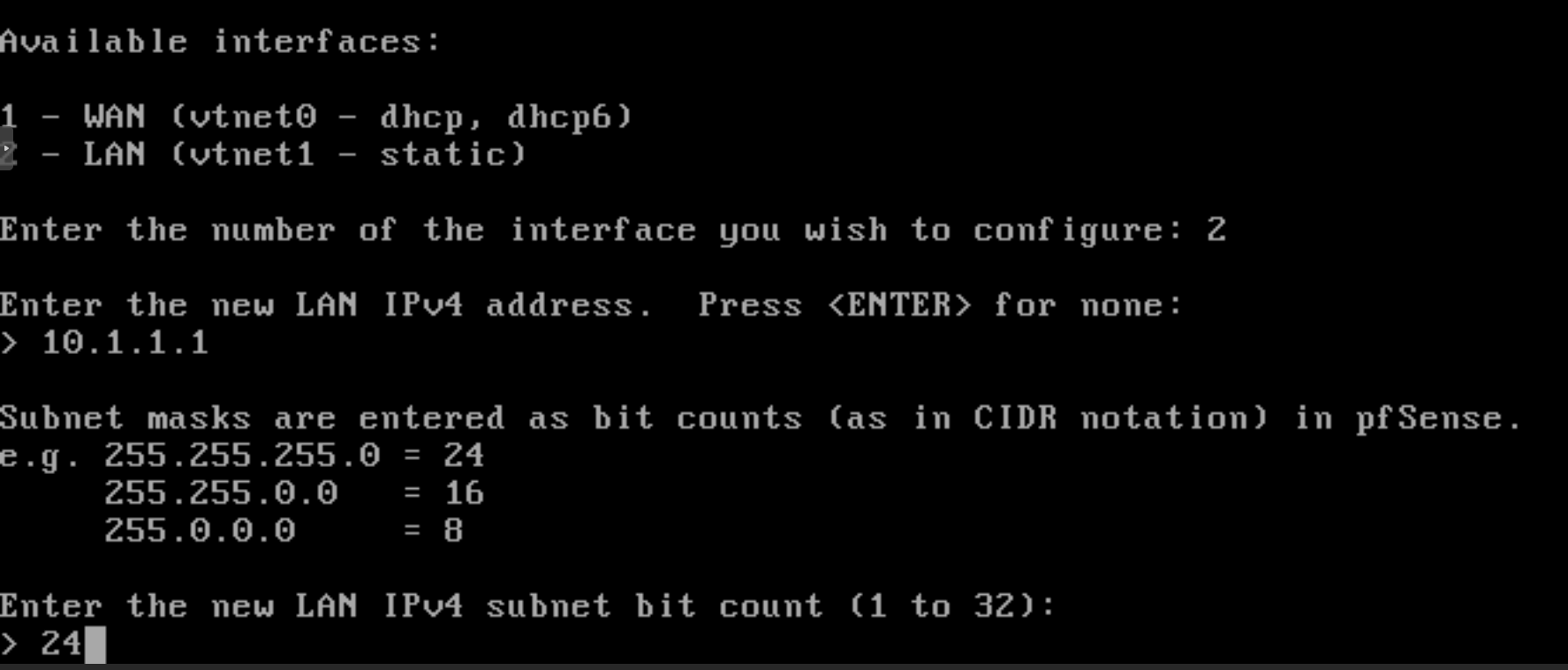 Setting subnet mask for LAN interface on pfSense CLI