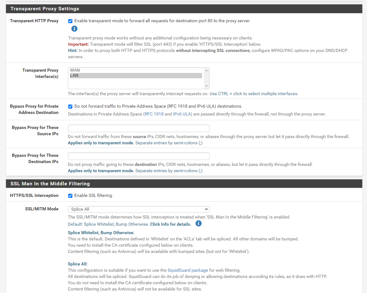 Enabling Transparent HTTP and SSL mode on pfSense proxy