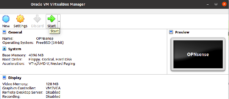 Click Start to boot  Virtual OPNsense Machine
