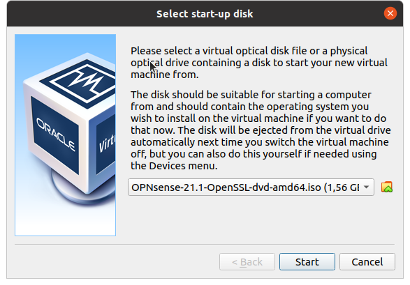 Select start-up disk on VirtualBox