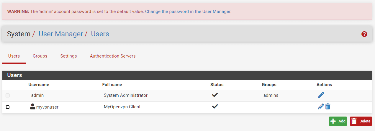 System Users Settings on pfSense