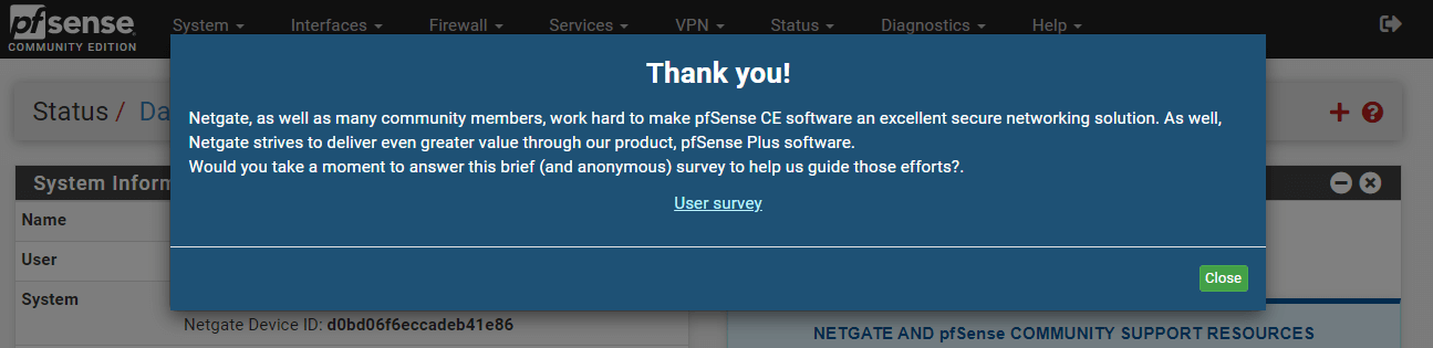 pfSense GUI Setup Thank you page