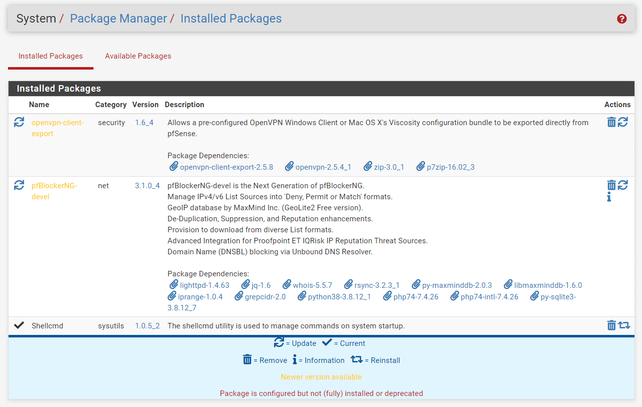 Update pfSense Packages via Web UI