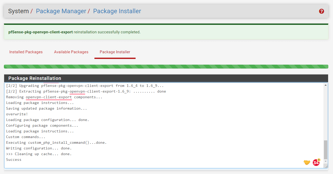 pfSense Package Update Completed