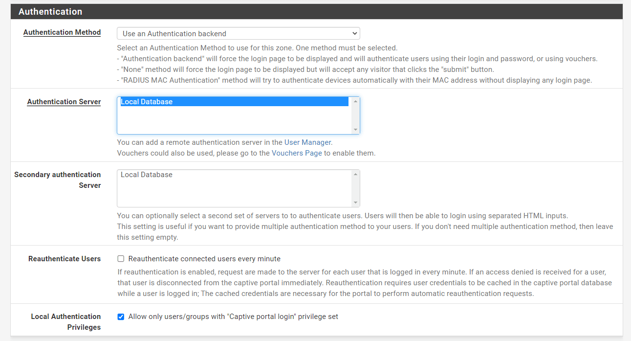 Using Local Database Authentication server for Captive Portal on pfSense Firewall