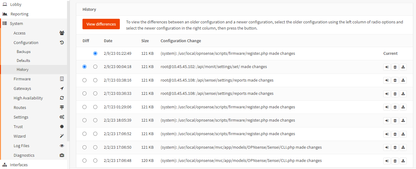 Viewing OPNsense Configuration History