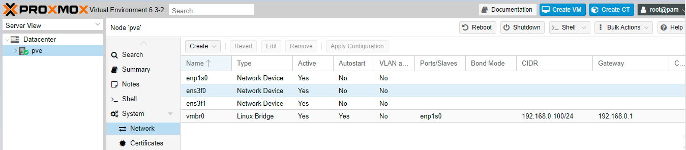 Viewing the network devices of the Proxmox VE