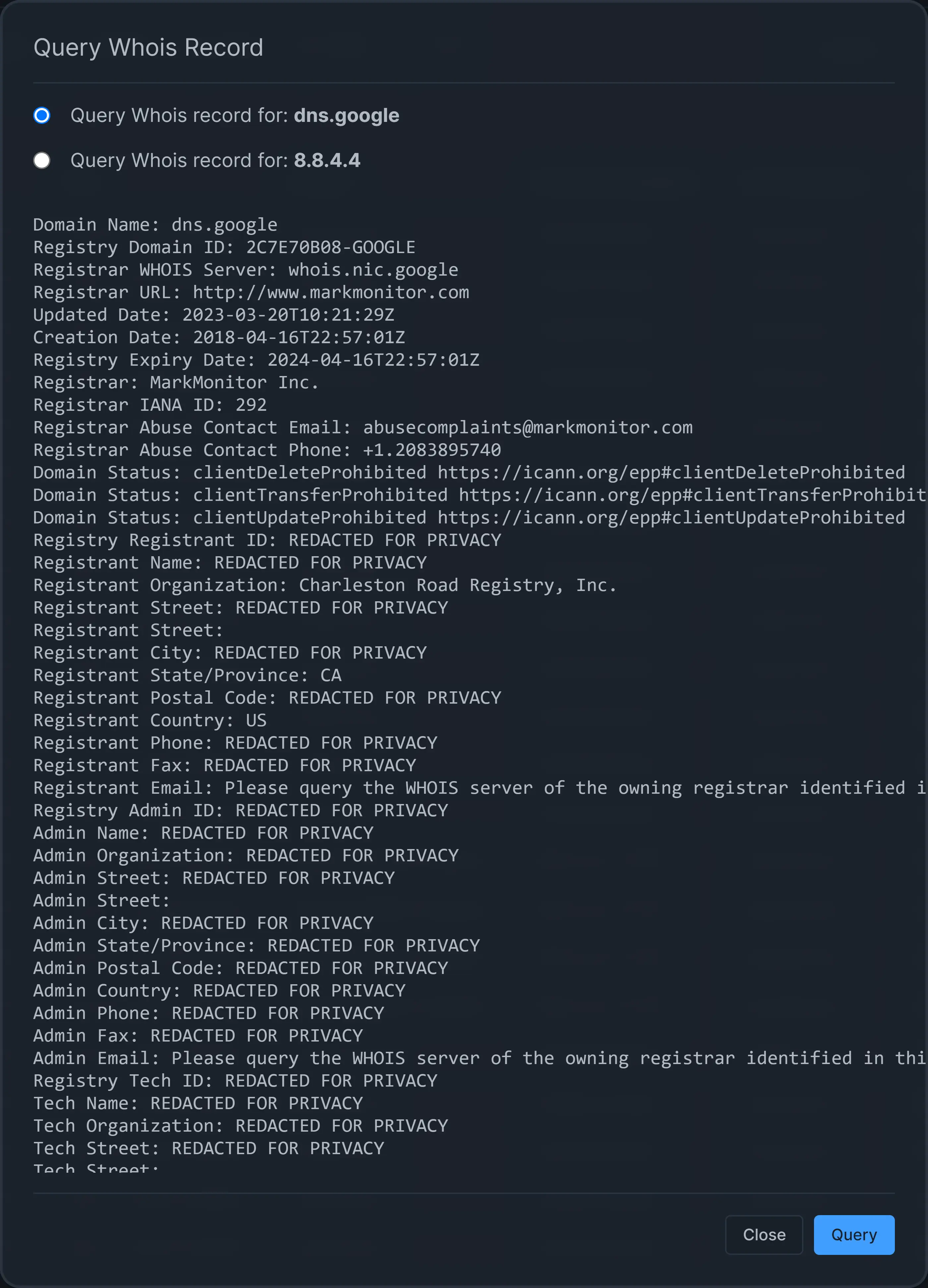 Displaying Whois Record