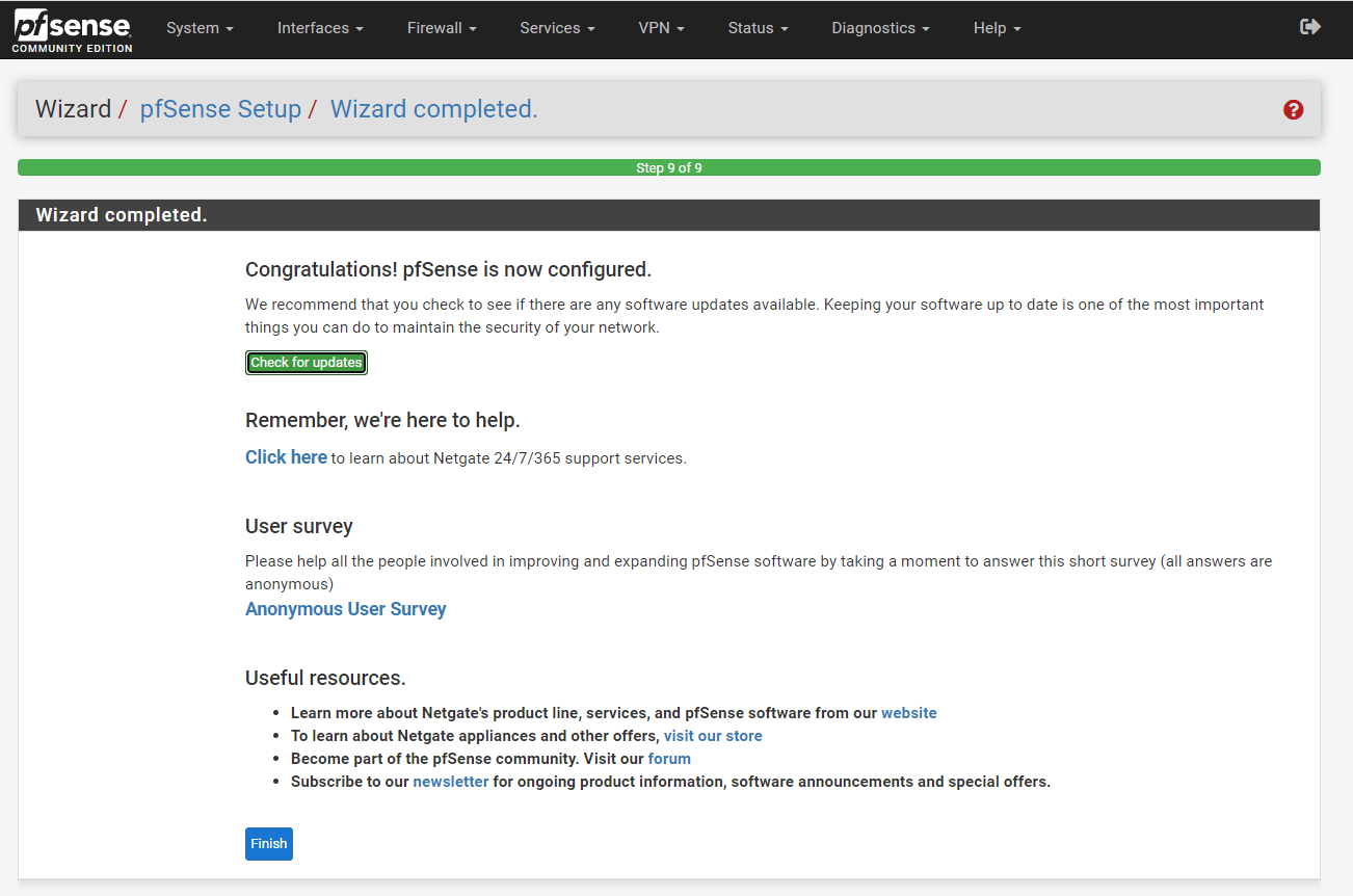 Finished initial configuration of pfSense firewall*