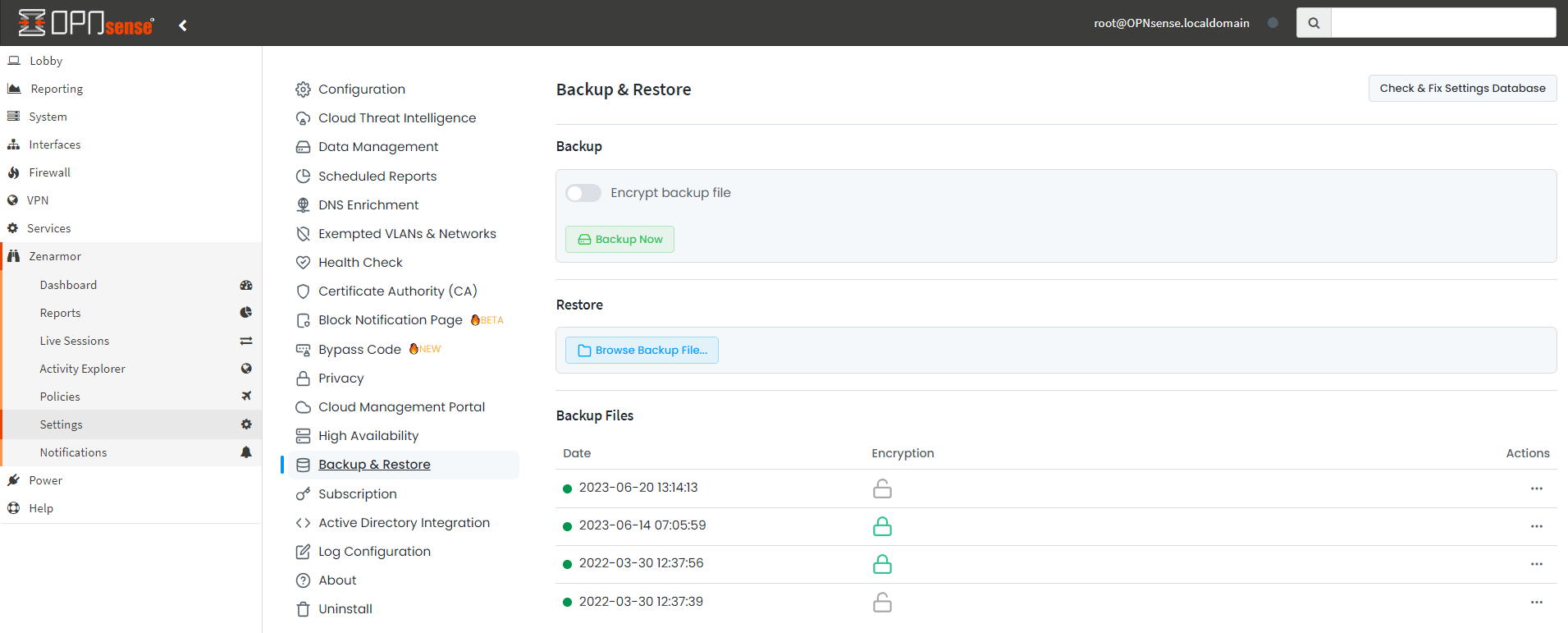 Zenarmor Backup &amp; Restore