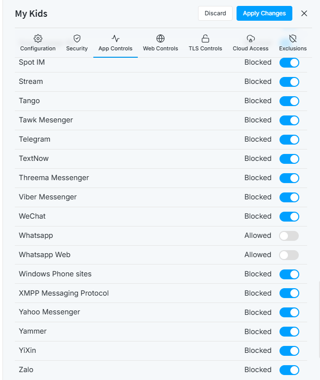 Blocking Instant Messaging except Whatsapp