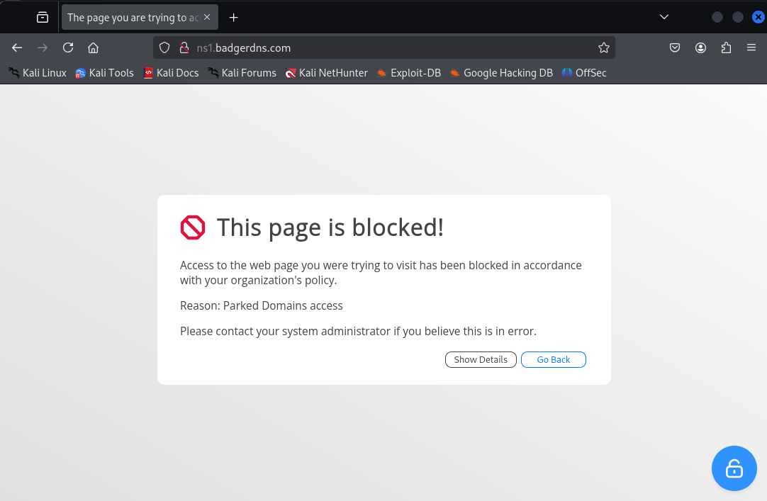 Block Notification Page for Forbidden Parked Domains
