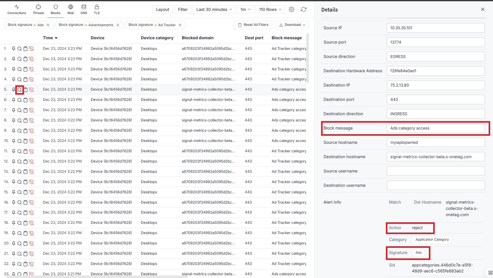 Blocked Ads Session Details
