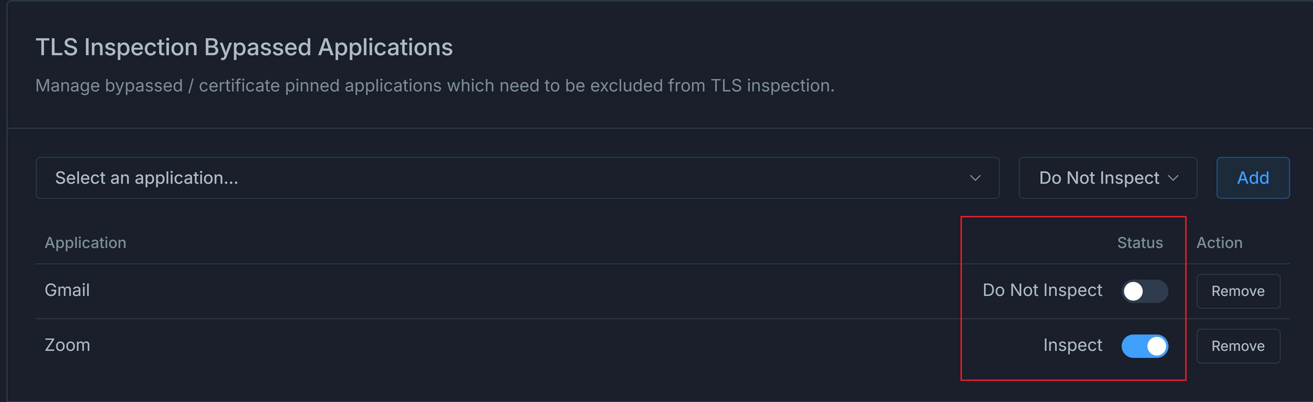 Changing Status of TLS Inspection Bypassed Applications