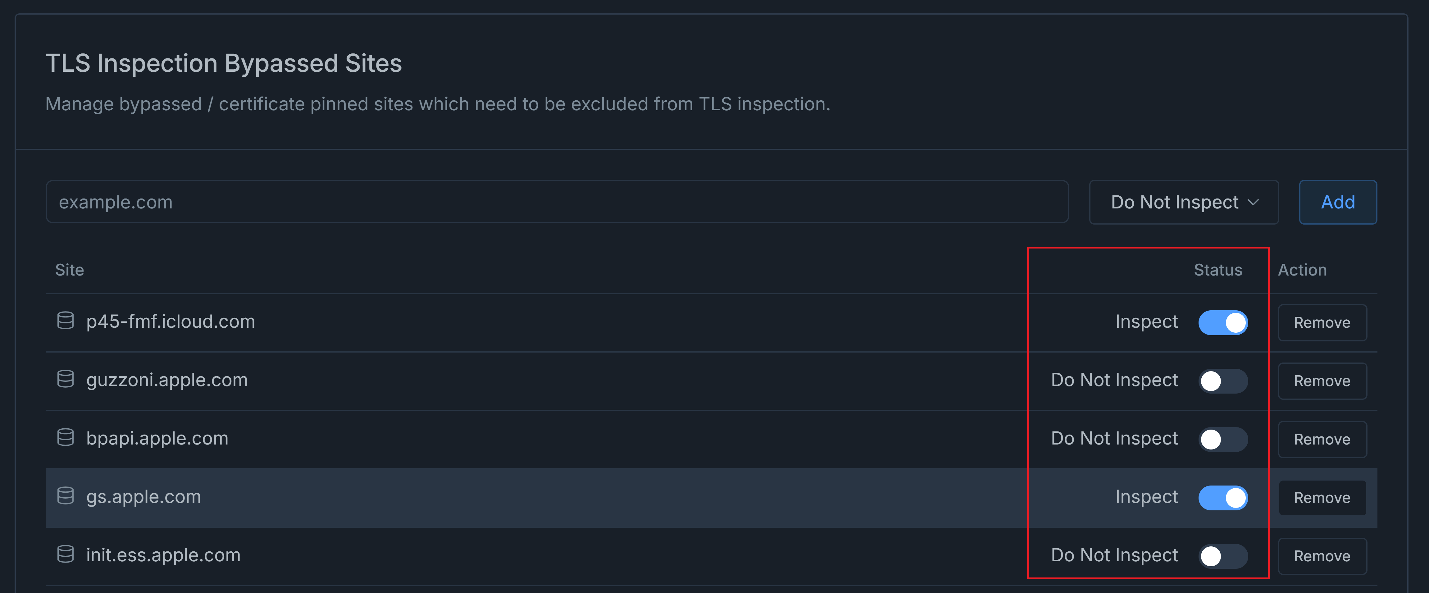 Changing Status of TLS Inspection Bypassed Sites