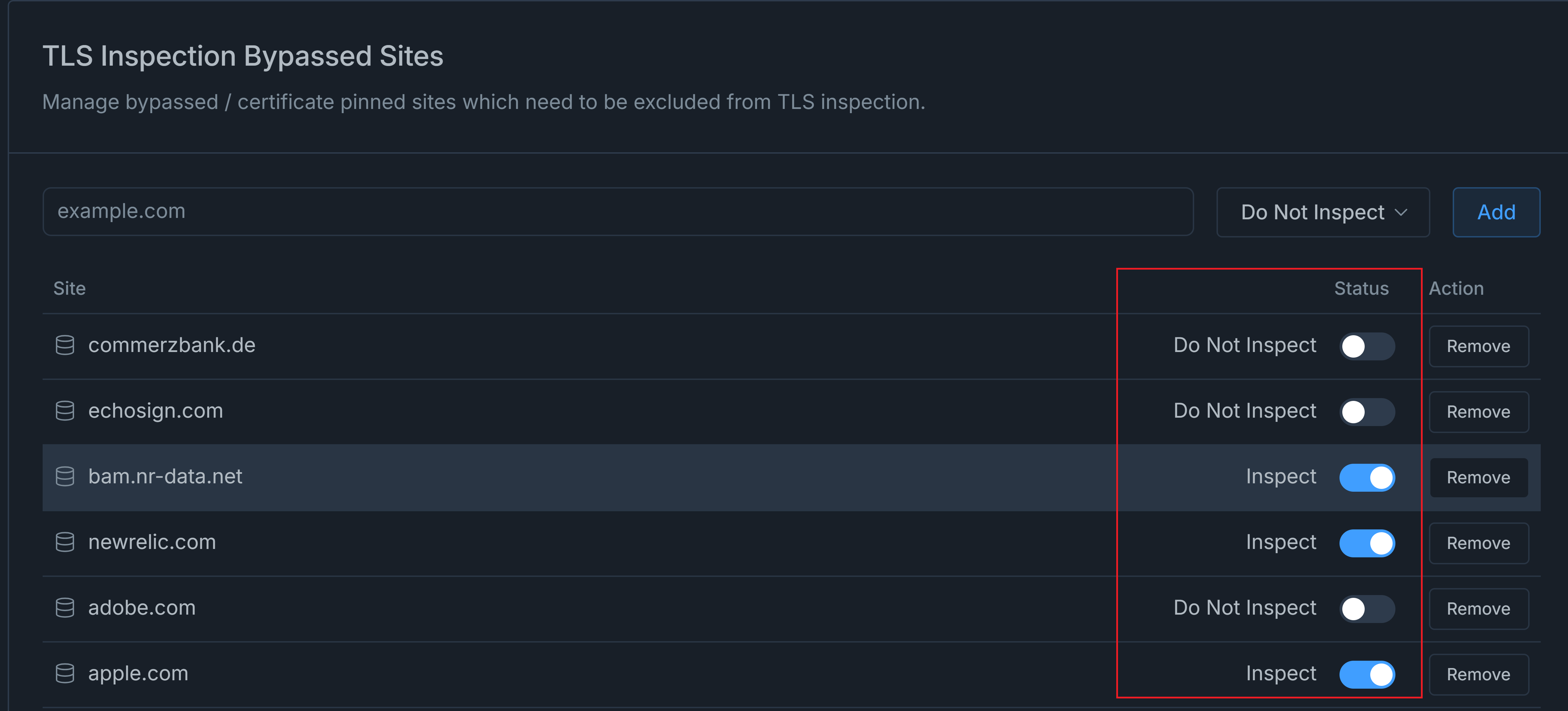 Changing Status of TLS Inspection Bypassed Sites