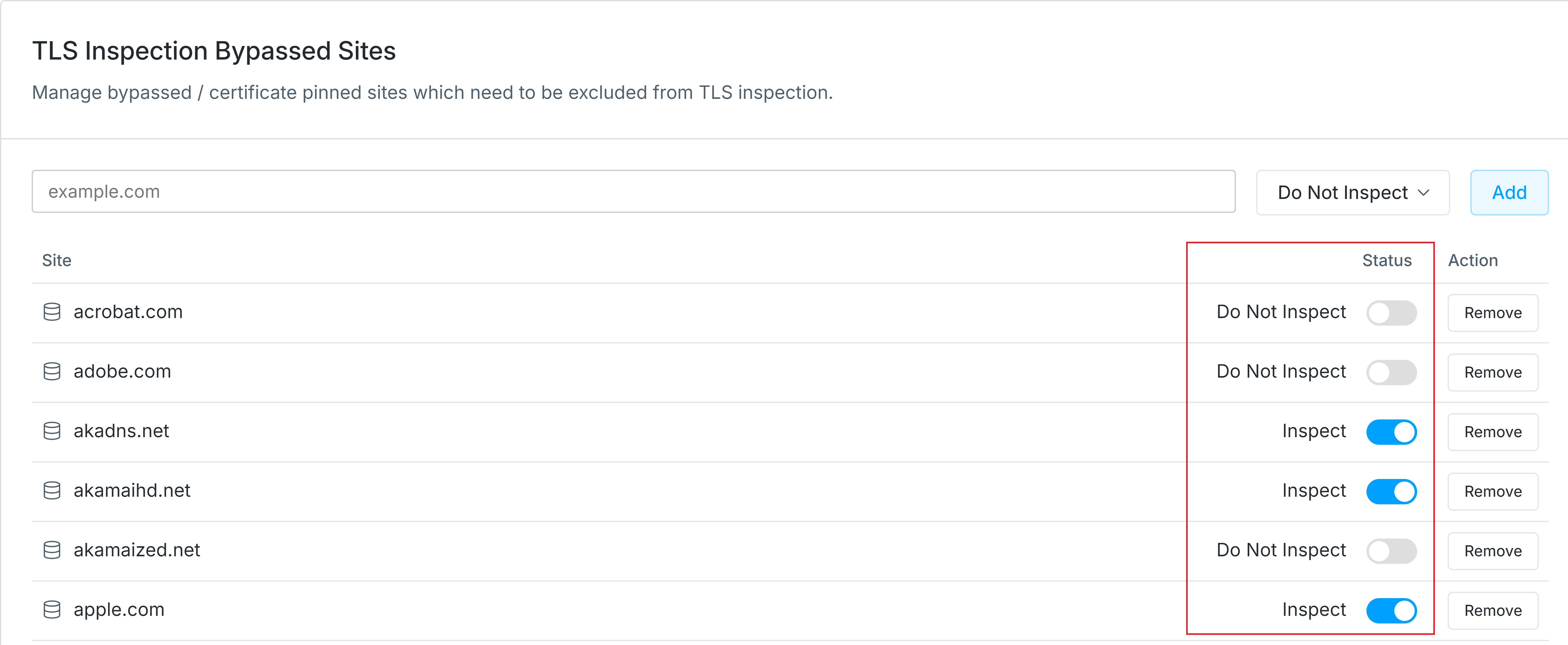 Changing Status of TLS Inspection Bypassed Sites