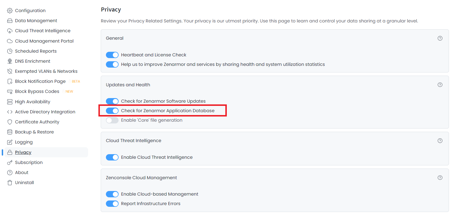 Zenarmor Privacy Settings Updates & Health Pane