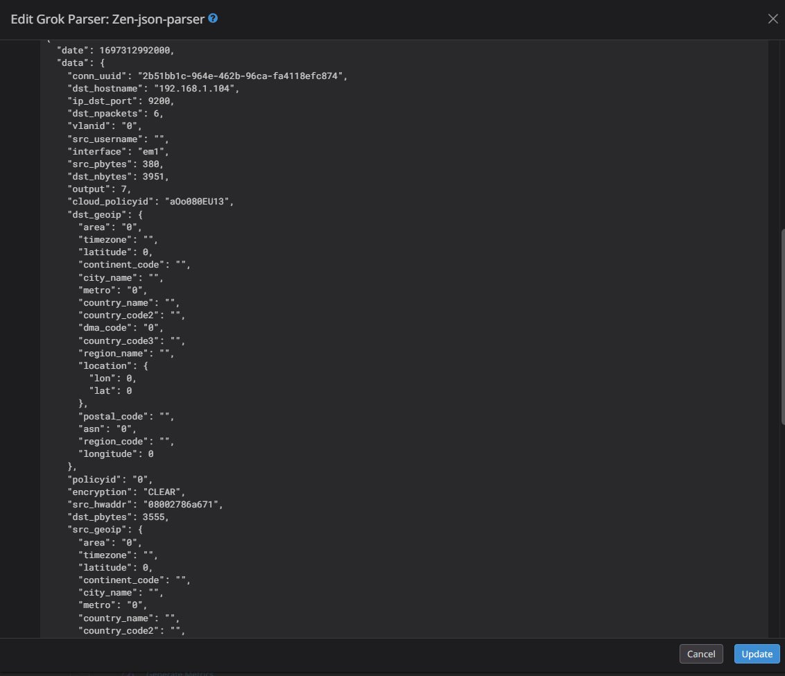 Example of a completed Grok processor matching the Zenarmor log sample and correctly parsing the JSON data so that those attributes can be used within Datadog