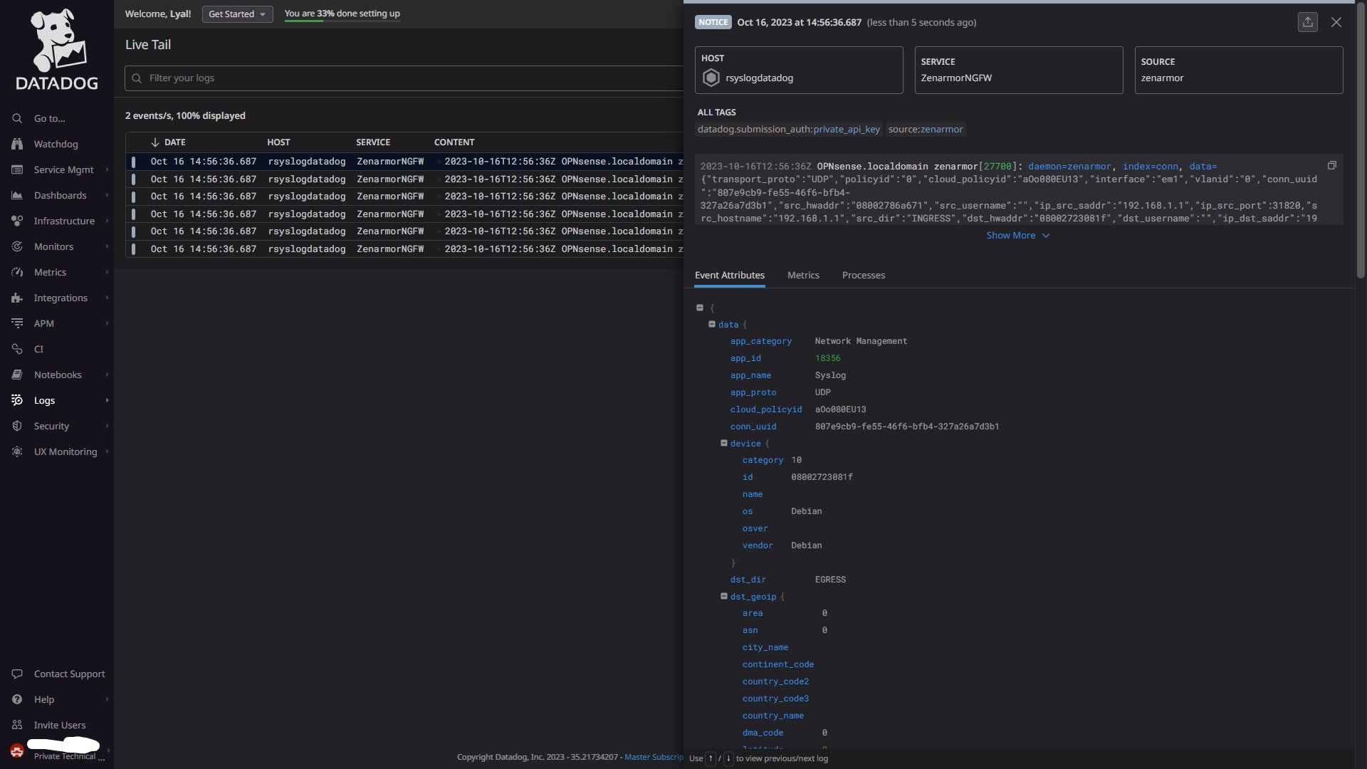 Example of a completed Grok processor matching the Zenarmor log sample and correctly parsing the JSON data so that those attributes can be used within Datadog