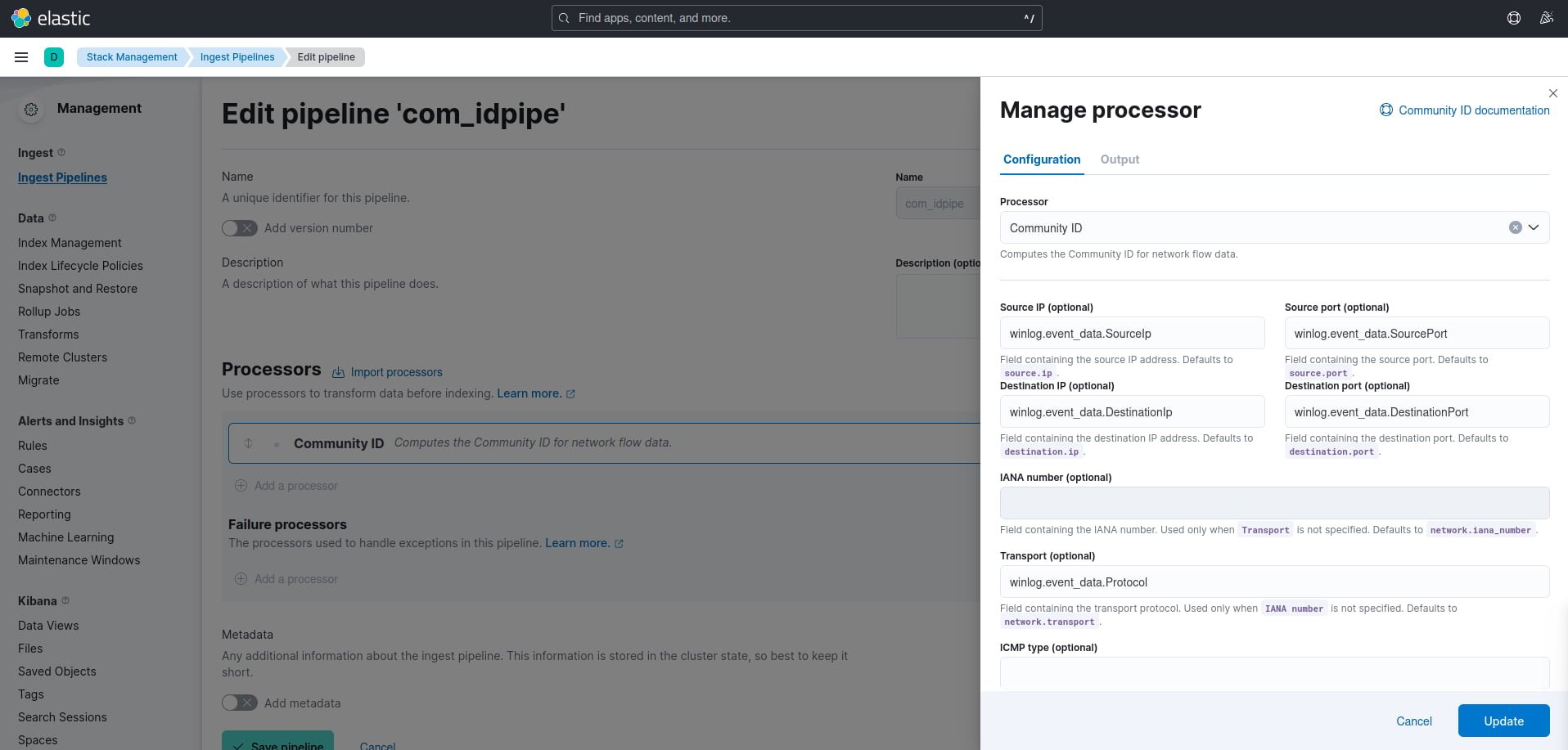 Completed ingest pipeline and processor setup with the overridden field names