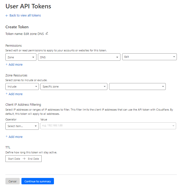 Creating API Token on CLoudflare