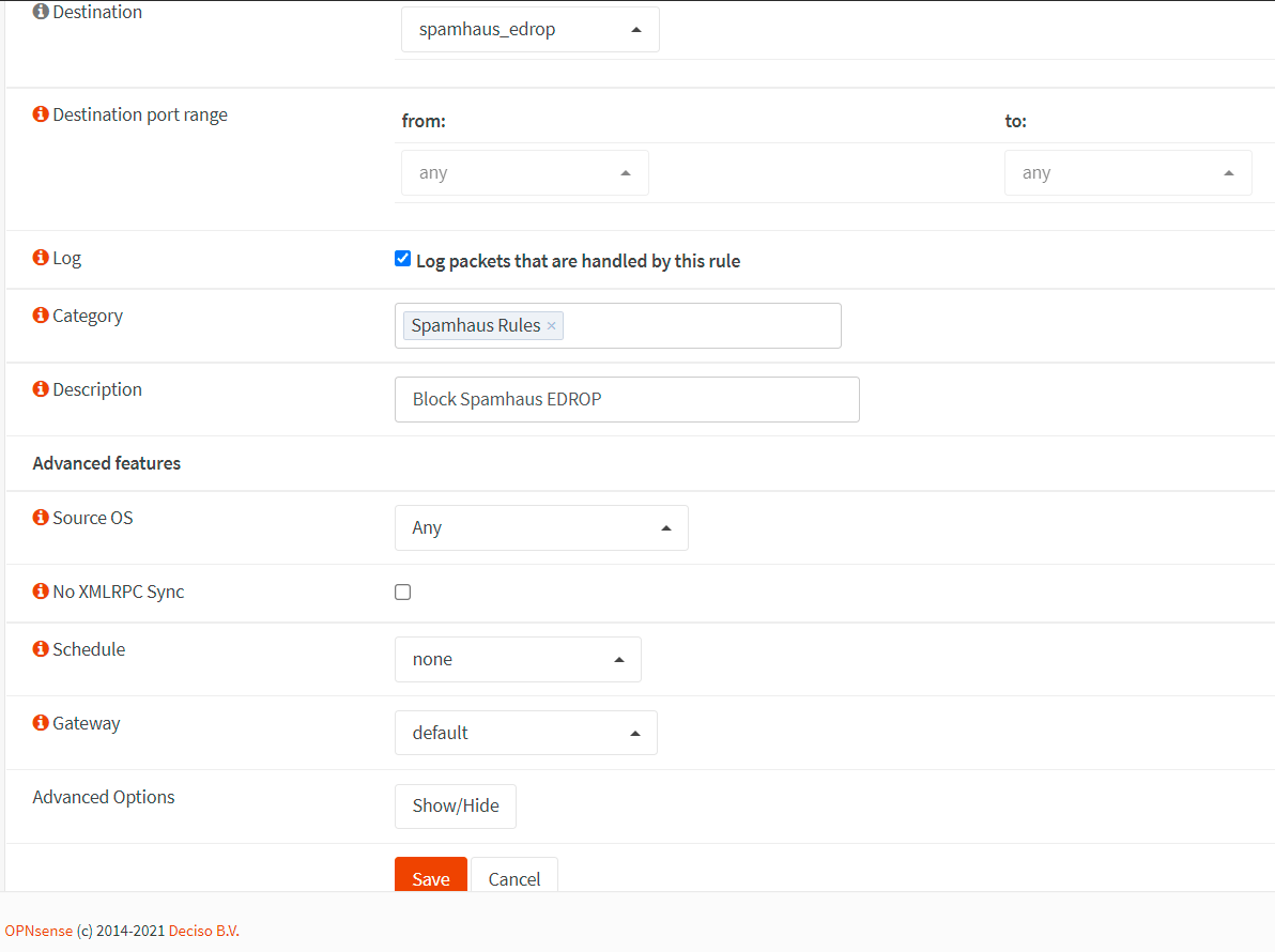 Creating firewall rule for blocking Spamhaus EDROP list on LAN interface