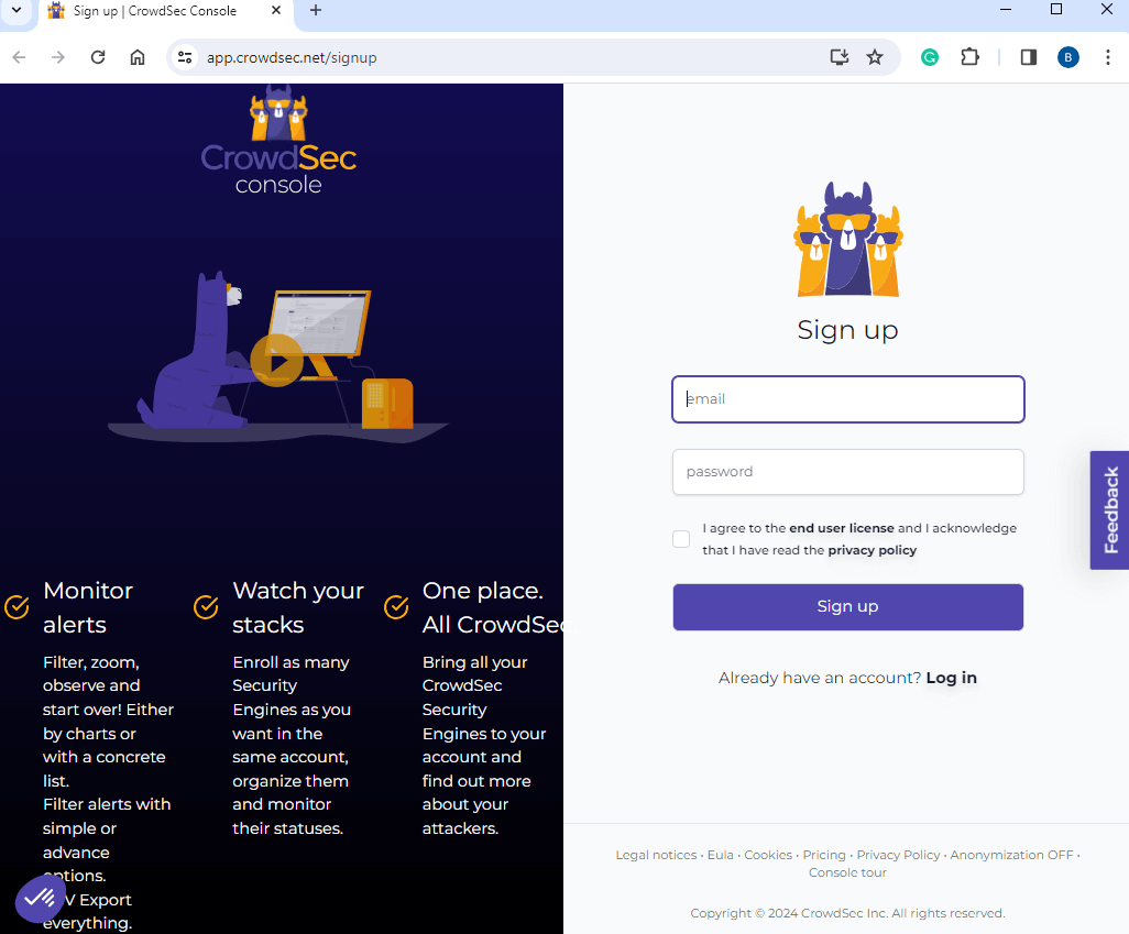 CrowdSec signup page