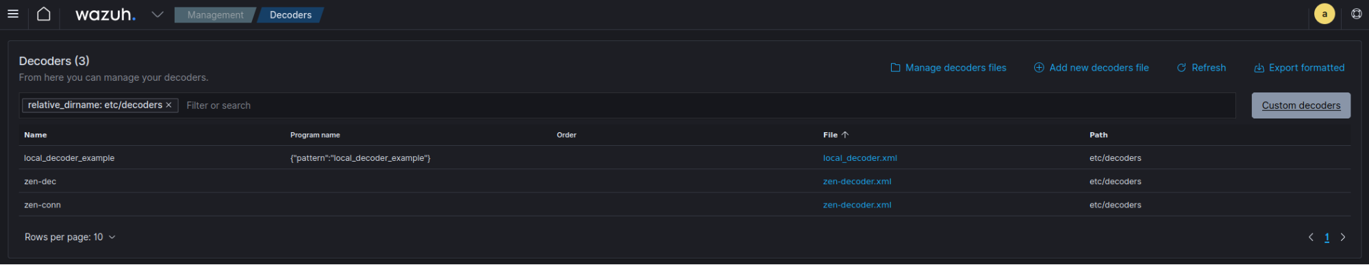 Custom decoders menu in Wazuh dashboard