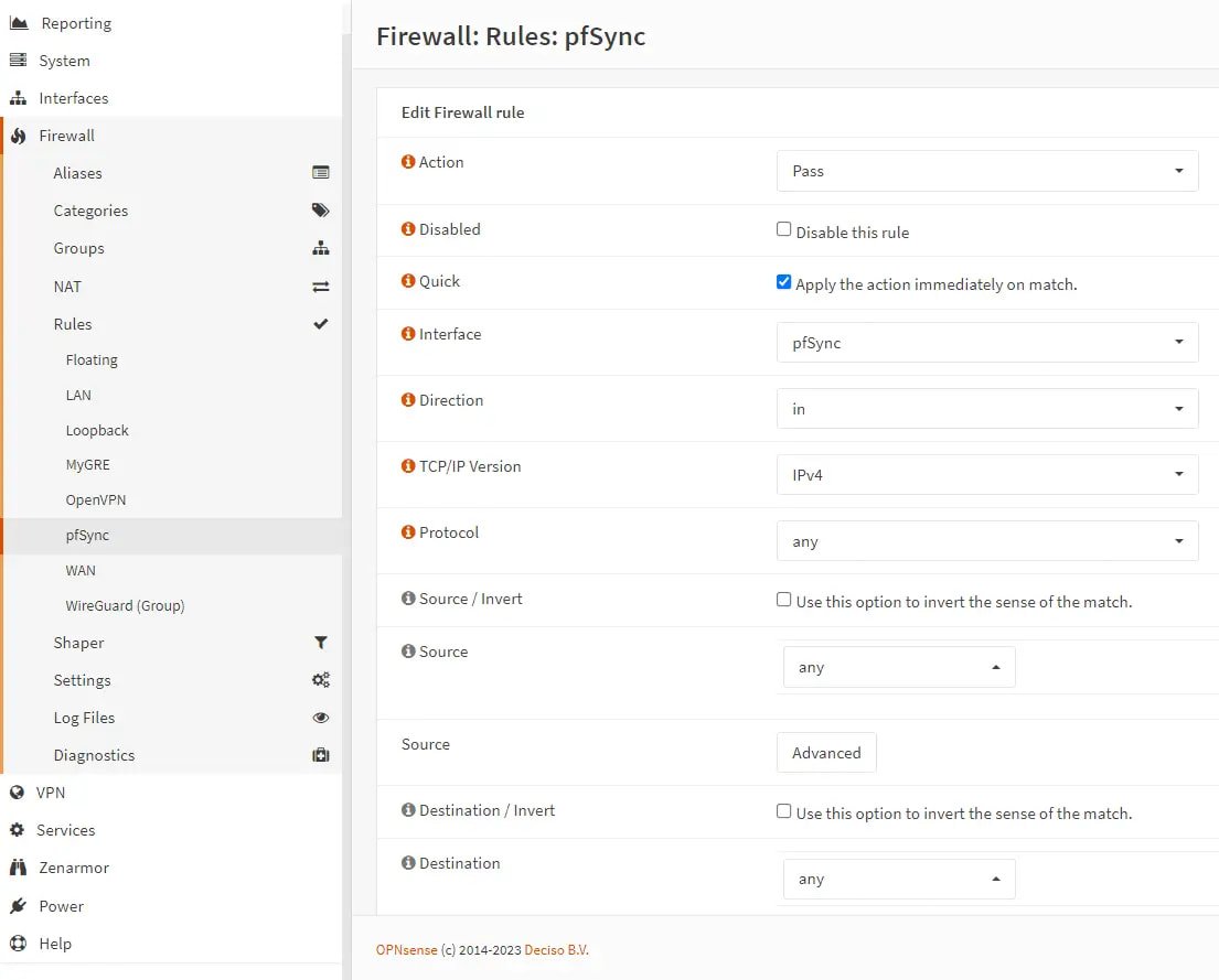 Firewall-Regel, um alle Pakete auf der pfSync-Schnittstelle des Backup-Knotens zuzulassen