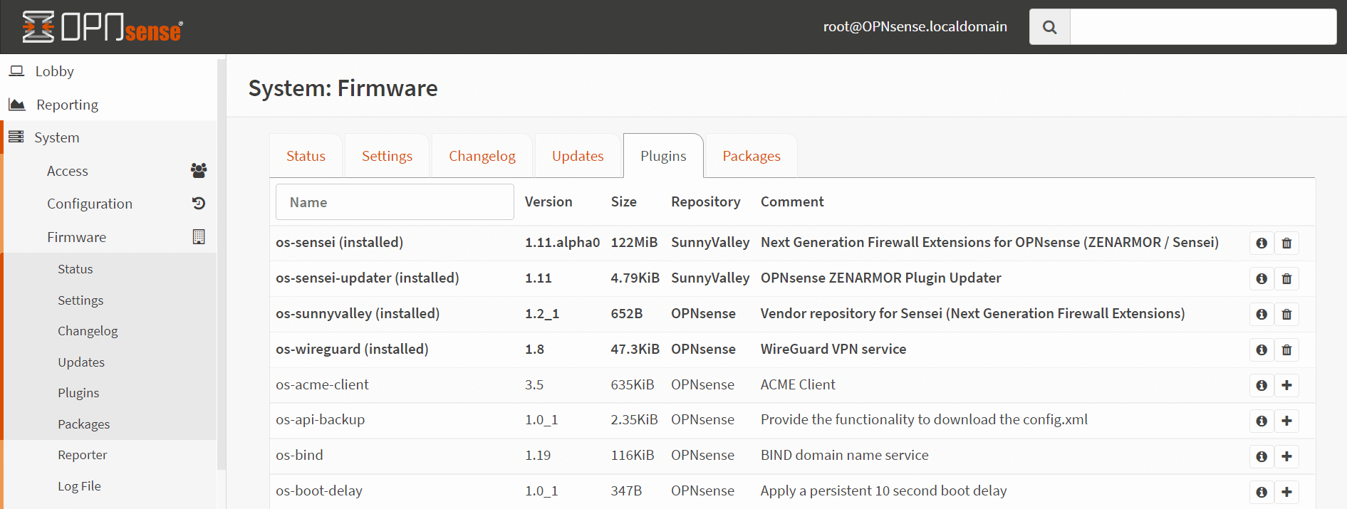 Anzeigen von Plugins, indem man zu Systeme → Firmware → Plugins im OPNsense UI navigiert