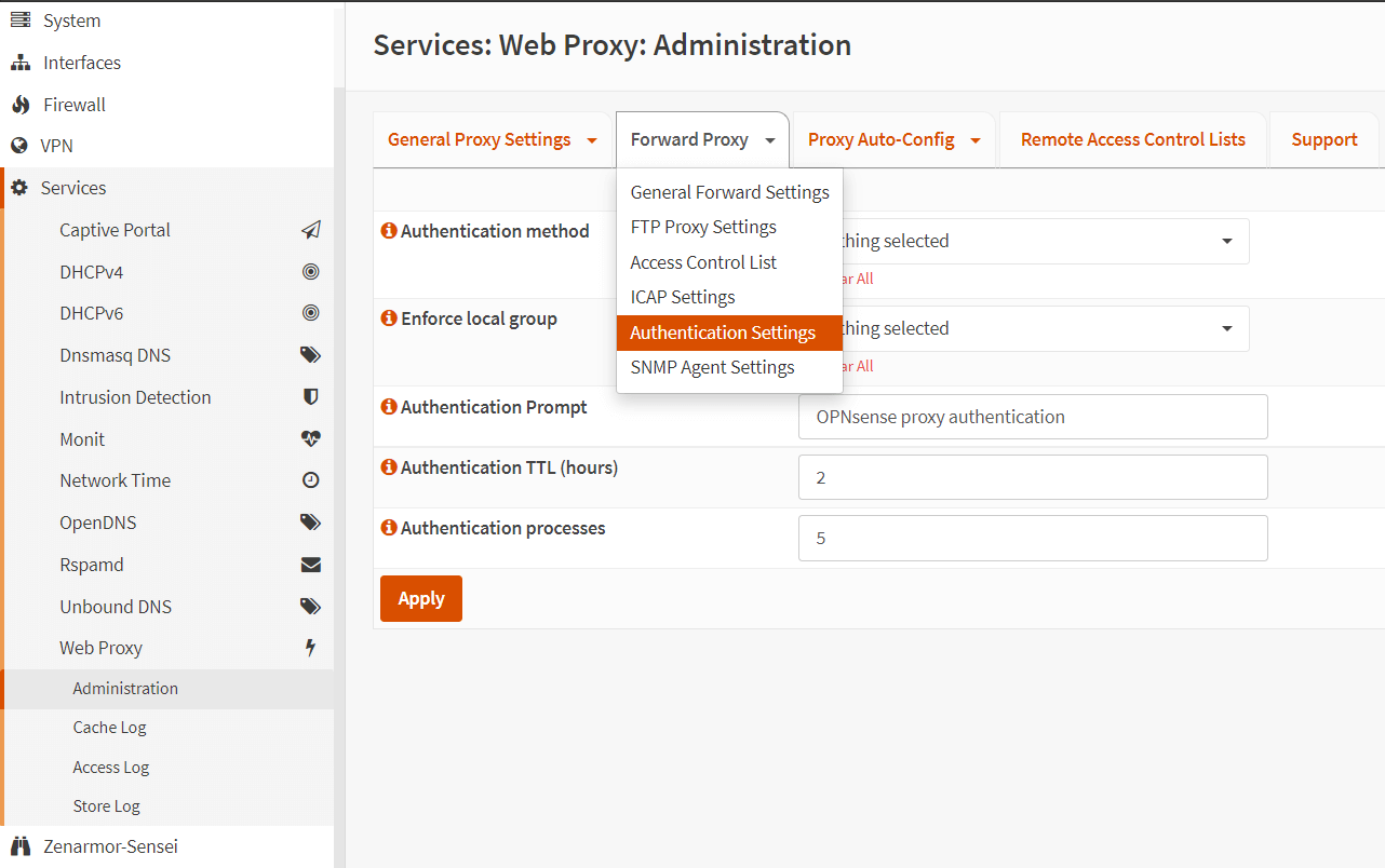 Zugriff auf die Authentifizierungseinstellungen im OPNsense Web Proxy