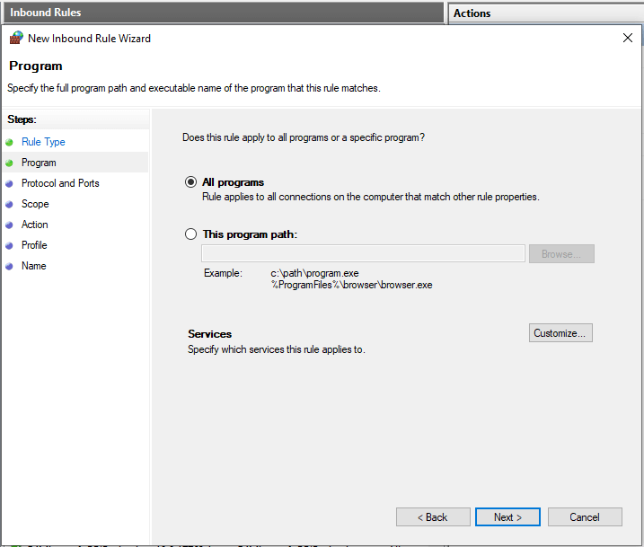 Hinzufügen einer eingehenden Firewall-Regel für alle Programme unter Windows 10